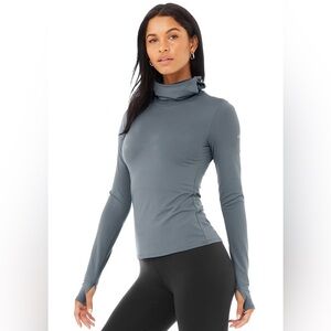 ALO Yoga Soft Airlift Runner Hoodie Slate Cosmic Grey Long Sleeve Turtleneck Top